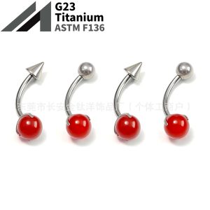 F136 Titanium Inner Thread Three-Claw Red Agate Pointed Cone Ball Navel Ring G23 Titanium Body Piercing Jewelry
