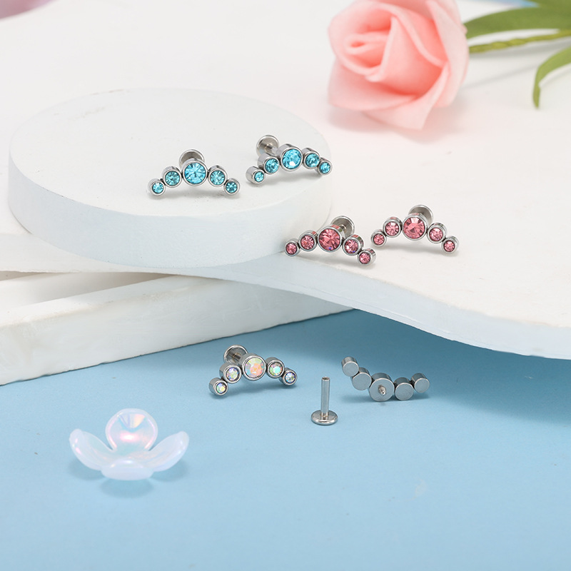 16G Stainless Steel Internally Threaded Cartilage Ear Stud, Multi-Color Diamond-Encrusted Flat-Bottom Lip Stud, 1 Piece - Image 3