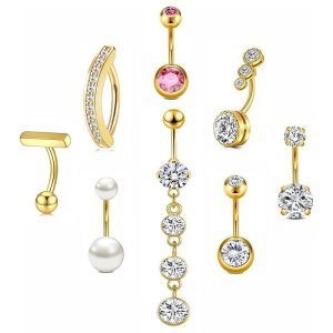 Stainless Steel Zircon Heart Navel Ring Set - European American Style Belly Button Ring for Women Men