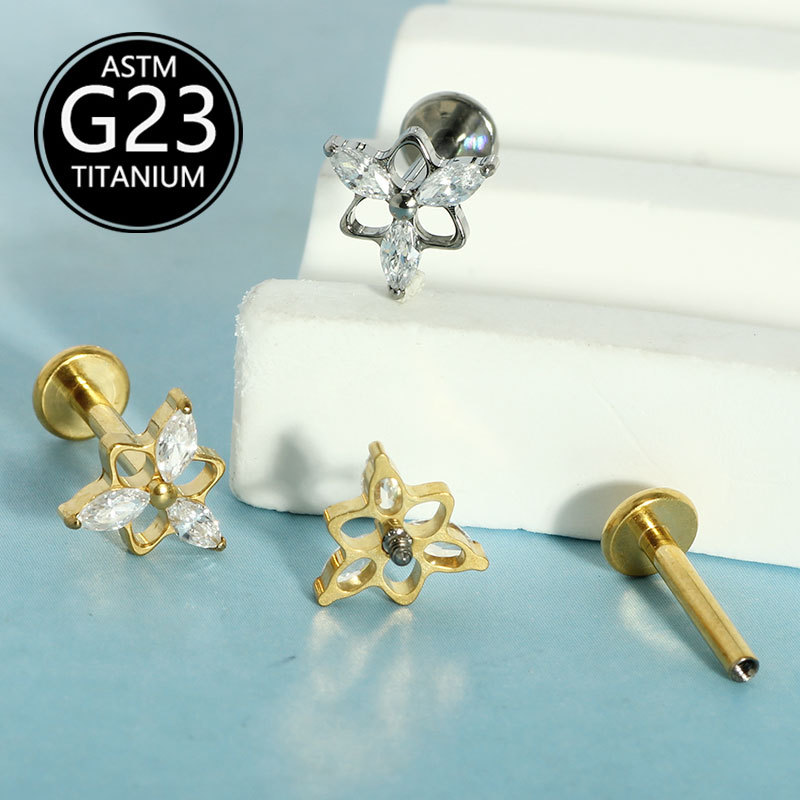 F136 Titanium Alloy Three-Horse Eye Zircon Earrings G23 Titanium Lip Nail 6-10mm Internal Thread Rod Piercing Jewelry - Image 4