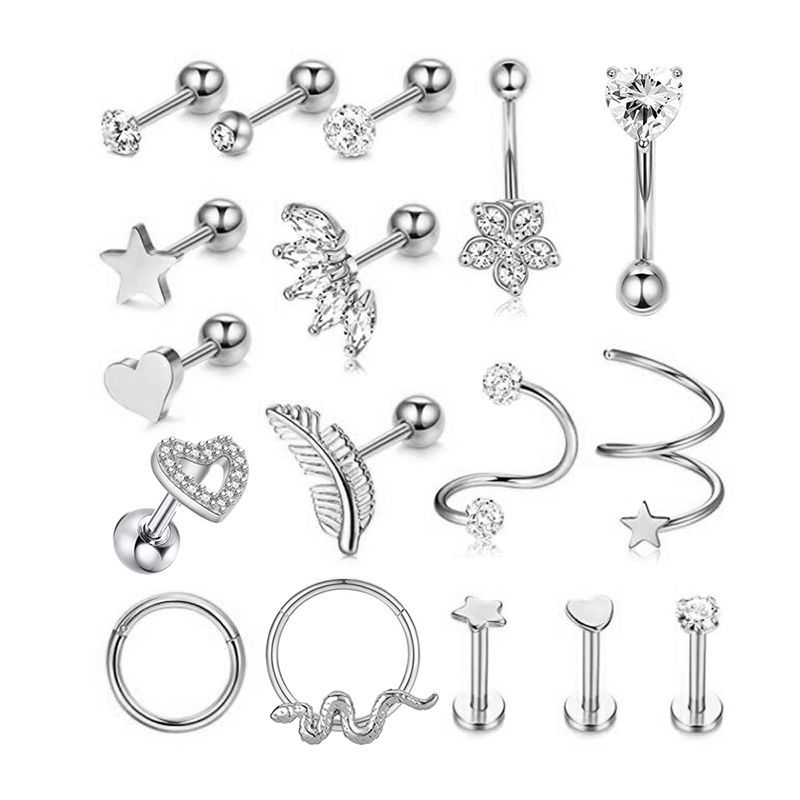 Zircon Star Cartilage Earrings Set - 17Pcs Rose Gold Stainless Steel Ear Piercing Jewelry - Image 2