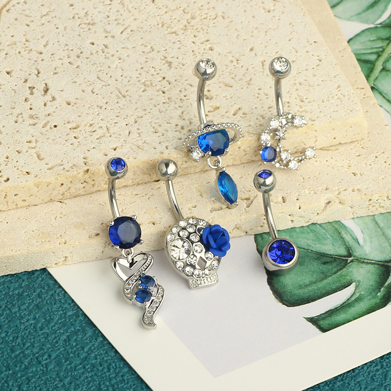 Blue Planet Zircon Water Drop Umbilical Ring Simple Moon Navel Buckle 5-Piece Body Piercing Set - Image 4