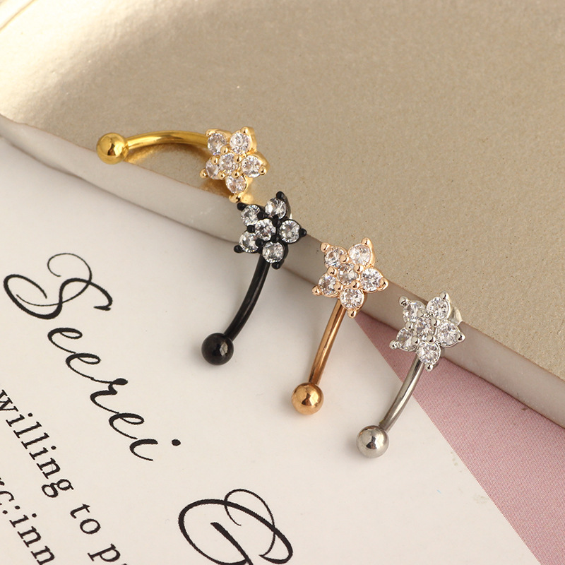 16g Stainless Steel Micro-Paved Zircon Plum Blossom Curved Earring Eyebrow Ring - Image 4
