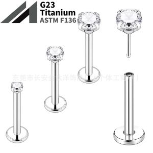 G23 Titanium Flat Back Stud Earring with Claw Zircon, 0.8x12mm, Cartilage Piercing Jewelry