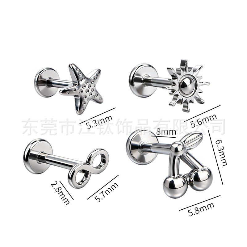 G23 Titanium Ear Bone Stud Cherry Star 8-Shaped Body Piercing Jewelry - Threaded - Image 2