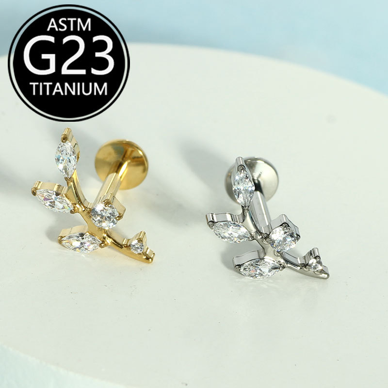 G23 Titanium Leaf-Shaped Zirconia Piercing Jewelry Set for Lip Nose Ear Cartilage - Image 5