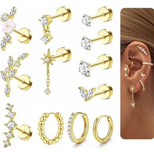 12-Piece Gold Stainless Steel Star Diamond CZ Earring Set - Cartilage Studs & Hoops