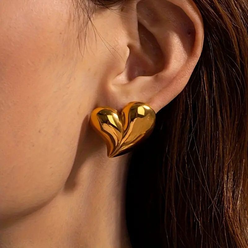 18K Gold Heart Earrings for Women - Stainless Steel Pierced Earrings Trendy Niche Design - Image 3