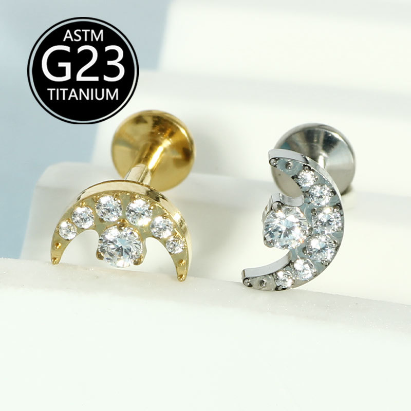 G23 Titanium Internally Threaded Flat Lip Stud Moon Zircon Piercing Jewelry - Image 2
