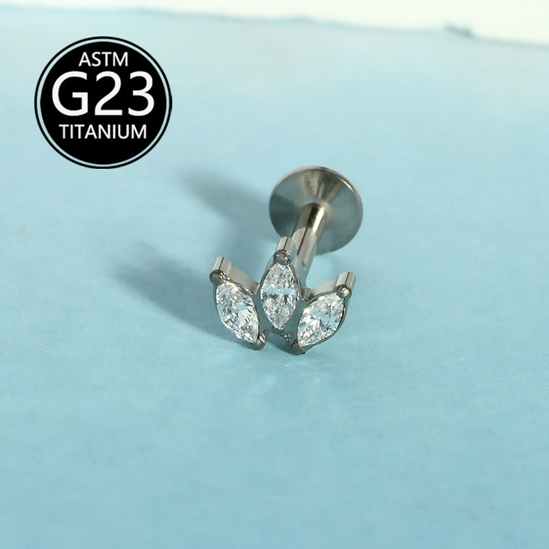 G23 Titanium Lip Labret Stud Zircon Ear Cartilage Stud Three-Leaf Inlaid Zircon Piercing Jewelry - Image 2