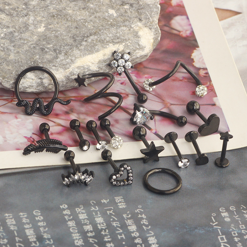 Zircon Star Cartilage Earrings Set - 17Pcs Rose Gold Stainless Steel Ear Piercing Jewelry - Image 5