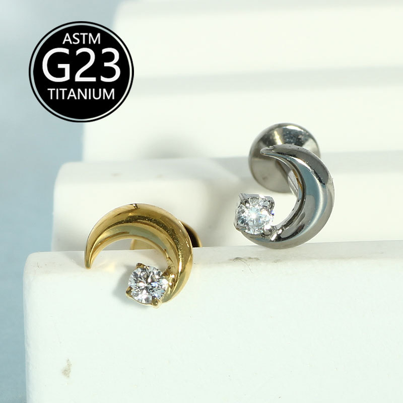 F136 Titanium Inlaid Single Zircon Moon Lip Labret Stud Internally Threaded Ear Bone Nail G23 Titanium Alloy - Image 5