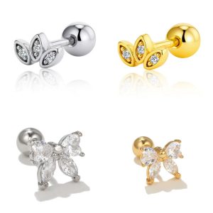 Butterfly Bowknot 18K Gold Plated Zircon Titanium Steel Ear Cartilage Stud Earrings for Women