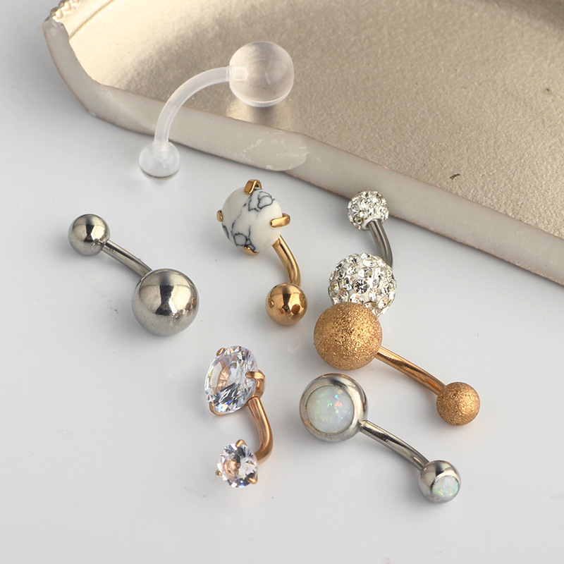 Rose Gold Opal Navel Ring Set - CZ Diamond Belly Button Piercing Jewelry - Image 3