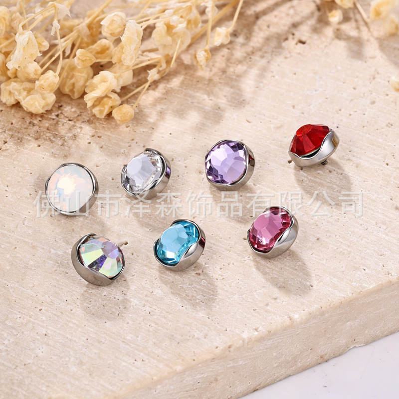 F136 Titanium Alloy Wavy Edge Earring, Czech Crystal Flat-Back Edge-Wrapped Stud, G23 Titanium Cartilage Jewelry - Image 3