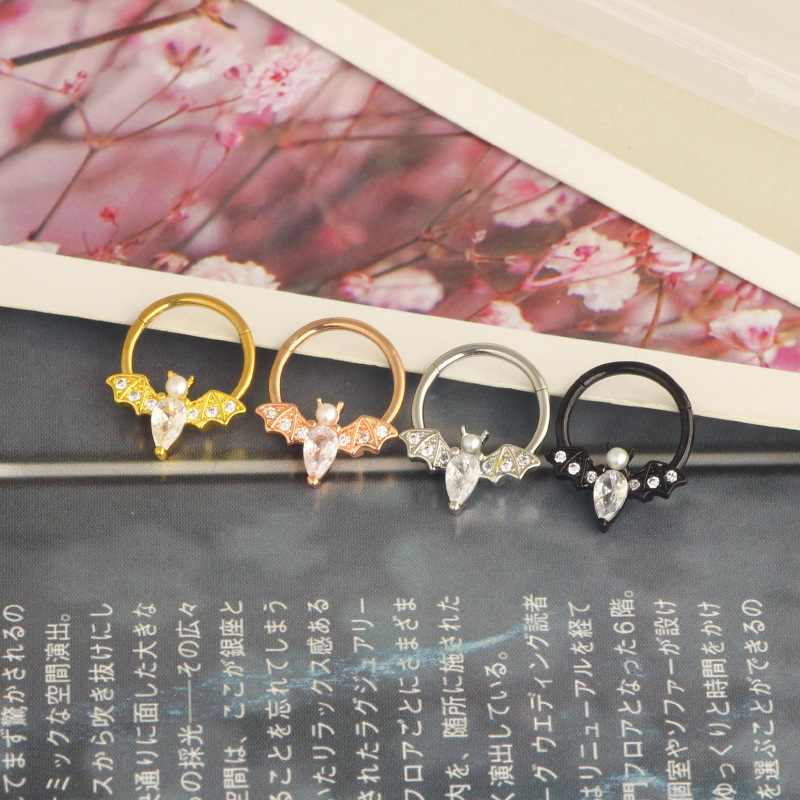 Halloween Bat Nose Ring Star Zircon Nose Stud Cartilage Earring Closed Ring Piercing Jewelry Rose Gold Stainless Steel - Image 2