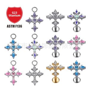 G23 Titanium Ear Bone Stud Cross Punk Piercing Jewelry Blue CZ Earring