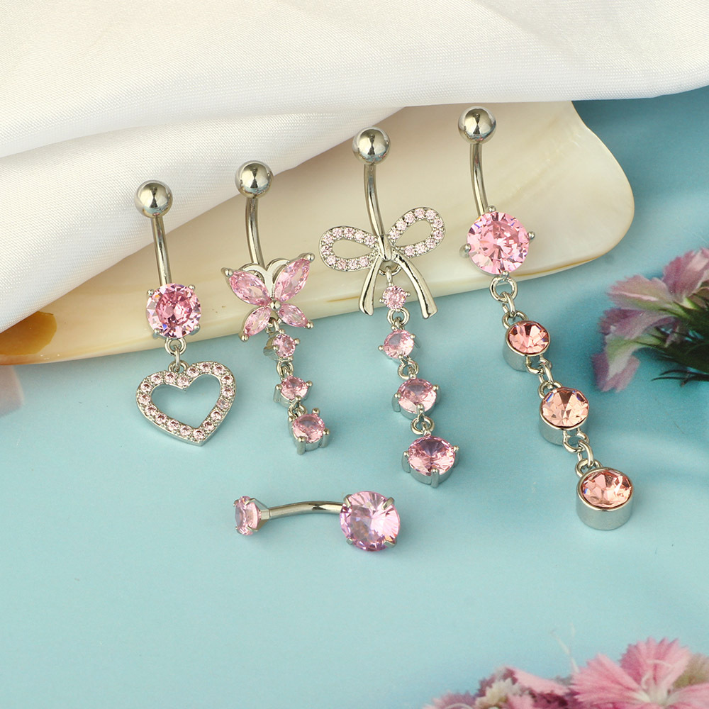 Amazon Best Selling Navel Ring Pink Zircon Belly Button Piercing Jewelry 316L Surgical Steel Geometric Style - Image 2