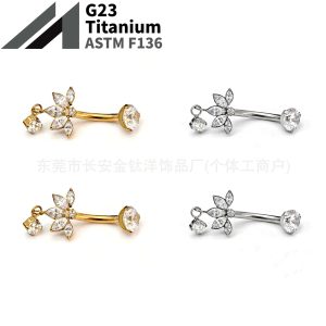 F136 Titanium Five-Leaf Flower Water Drop Zircon Pendant Curved Barbell Belly Button Ring