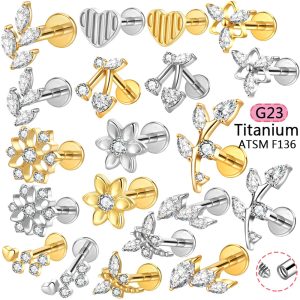 F136 Titanium Heart-Shaped Internally Threaded Lip Stud with CZ - Silver 1.2x10mm Body Piercing Lip Labret Jewelry