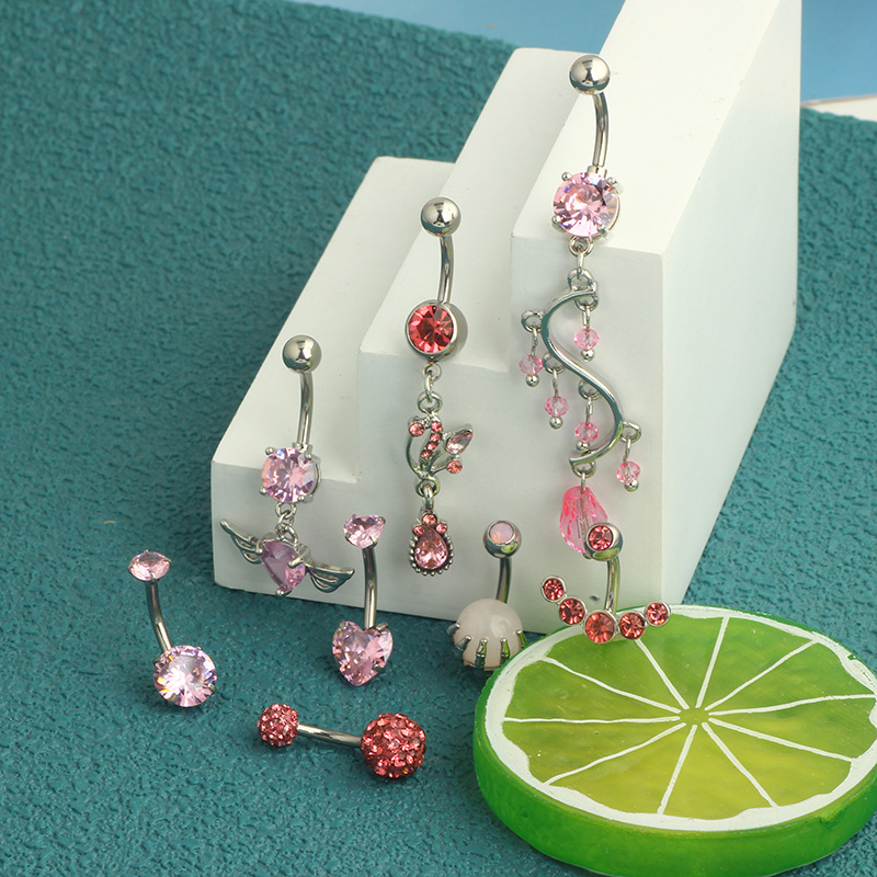 Amazon Popular 8 Piece Navel Love Wings Pink Series Navel Ring Earrings Piercing Products - Image 4