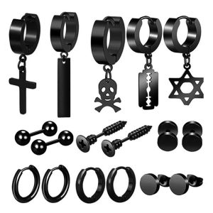 17 Pieces Set Men Stud Earrings Stainless Steel Pierced Earrings Set Black Silver Cross Earrings