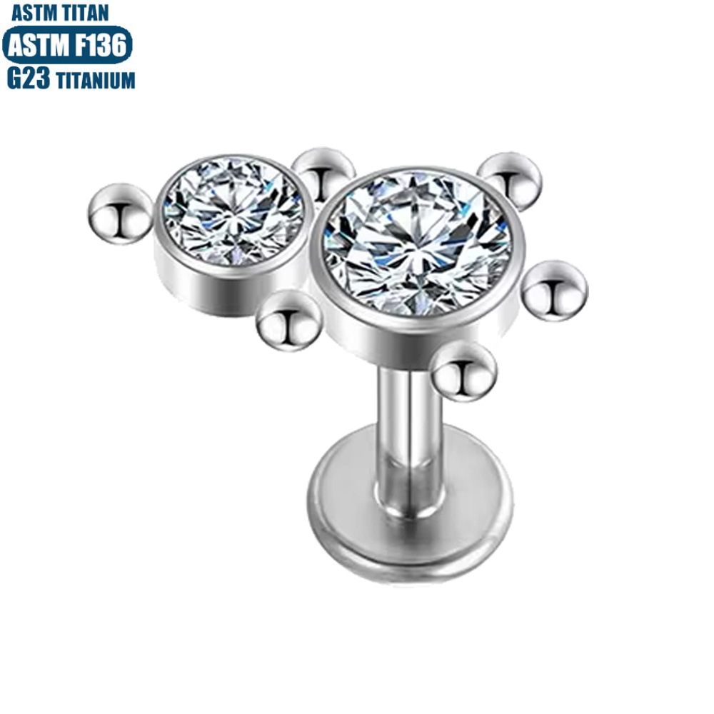 G23 Titanium Lip Ring 2 Zircon Welding Bead Internally Threaded Small Ear Nail Tragus Cartilage Piercing Ring - Image 3