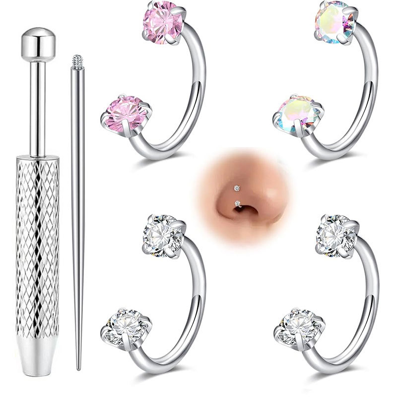 20G Double Zircon C-Bar Nose Ring Stainless Steel Versatile Ear Cartilage Hoop Body Piercing Jewelry 4-Piece Set - Image 2