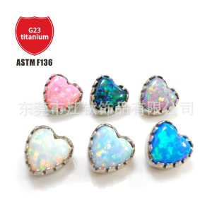 F136 Titanium Alloy Heart-Shaped Opal Lip Nail Earrings Push-in Stud Ear Piercing Jewelry
