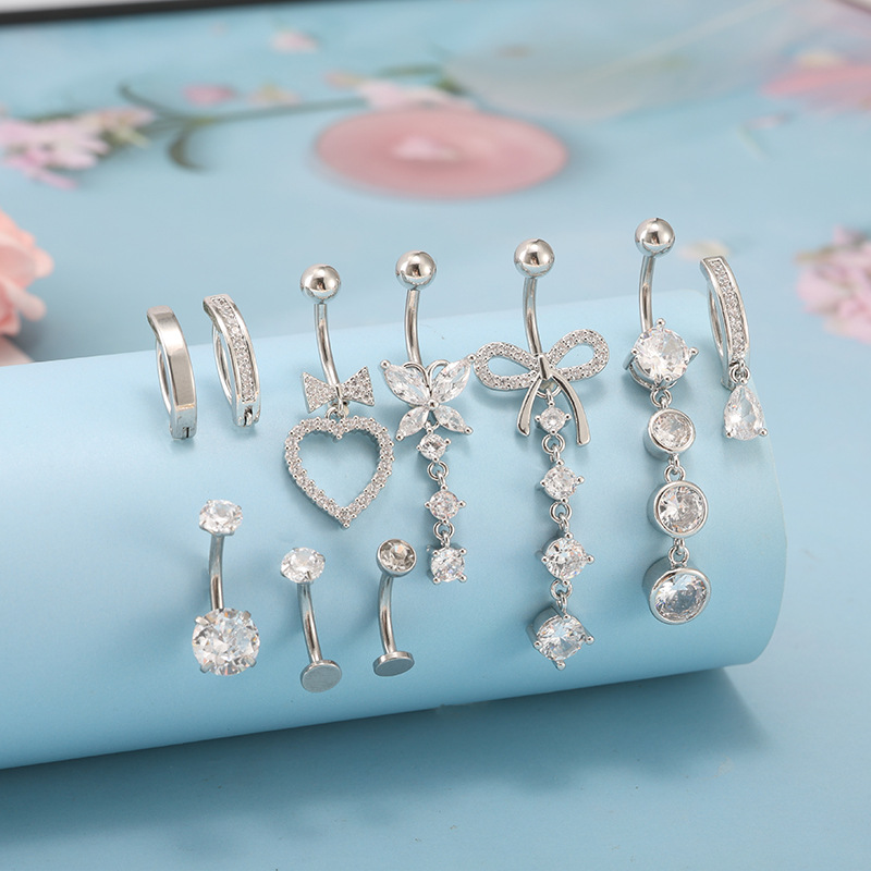 Hot Selling New 10Pc Stainless Steel Zircon Navel Rings Butterfly Heart Belly Button Piercing Set - Image 2