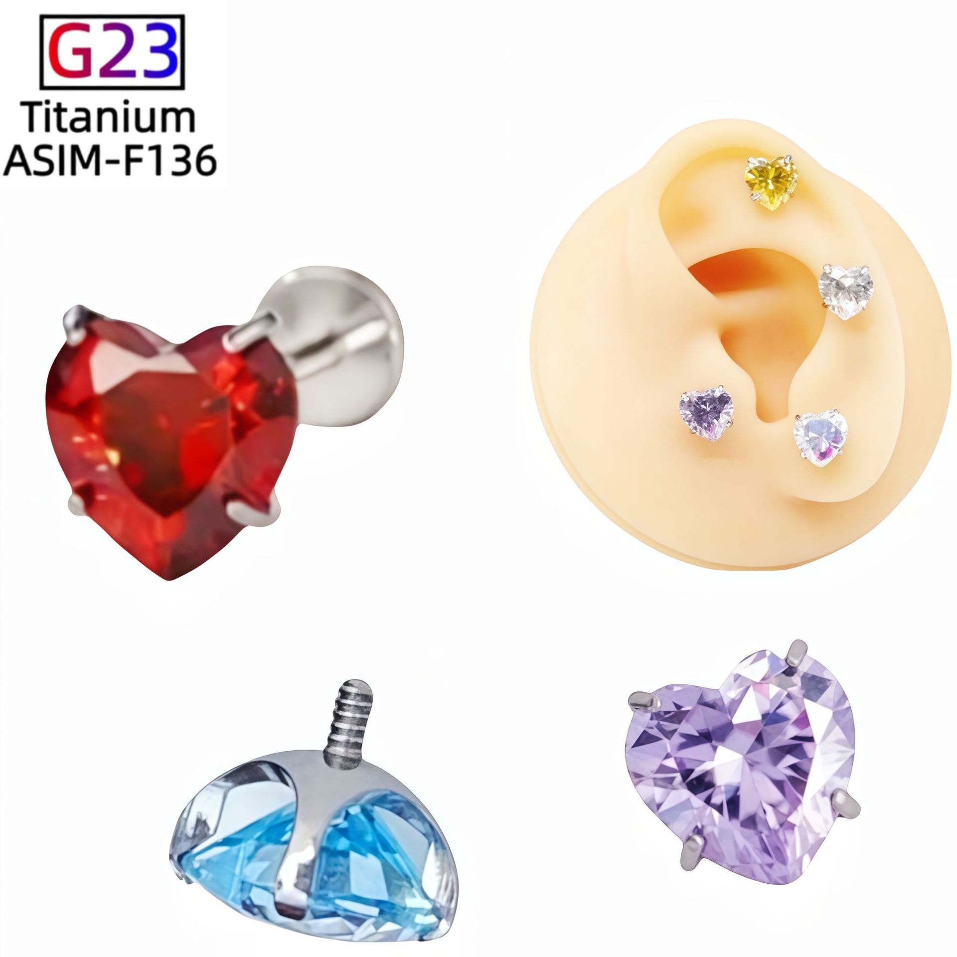 G23 Titanium Earring Heart Zircon Four-Claw Pointed Bottom Ear Bone Nails Lip Eyebrow Nails - Image 3