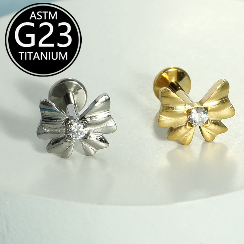 F136 Titanium Lip Stud with Lightning Flower Design and Zircon Inlay - Image 3