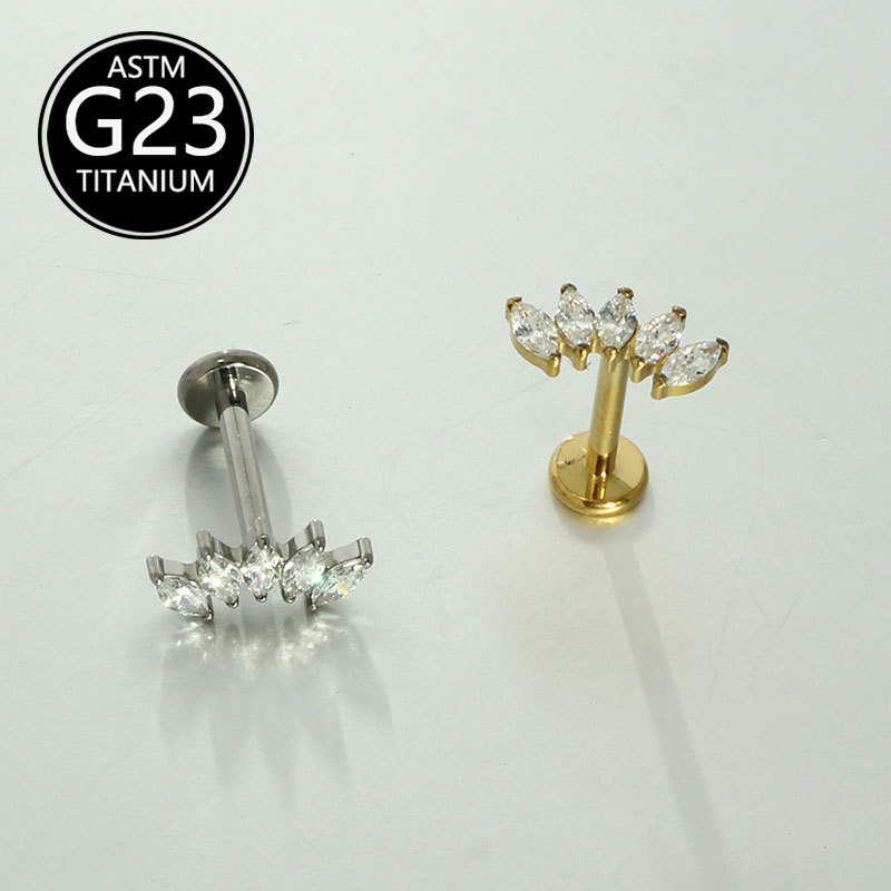 G23 Titanium Lip Stud Five-Eye Inlaid Zircon 16G Internal Thread Labret Piercing Jewelry - Image 5