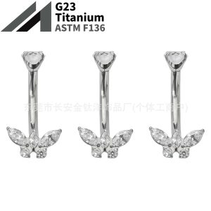 F136 Titanium Internal Thread Butterfly Wing Zircon Navel Piercing Belly Button Ring G23 Titanium Alloy Body Jewelry