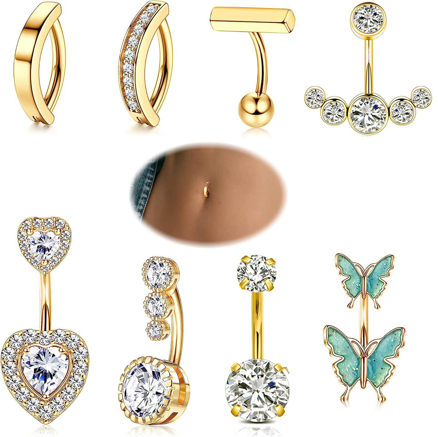 8-Piece Rose Gold CZ Navel Ring Set Stainless Steel Body Piercing Jewelry Navel Belly Button Rings - Image 3