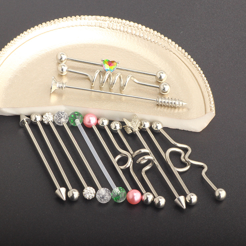 14Pcs Heart Cactus Industrial Barbell Earring Set Stainless Steel Bridge Ear Studs - Image 2