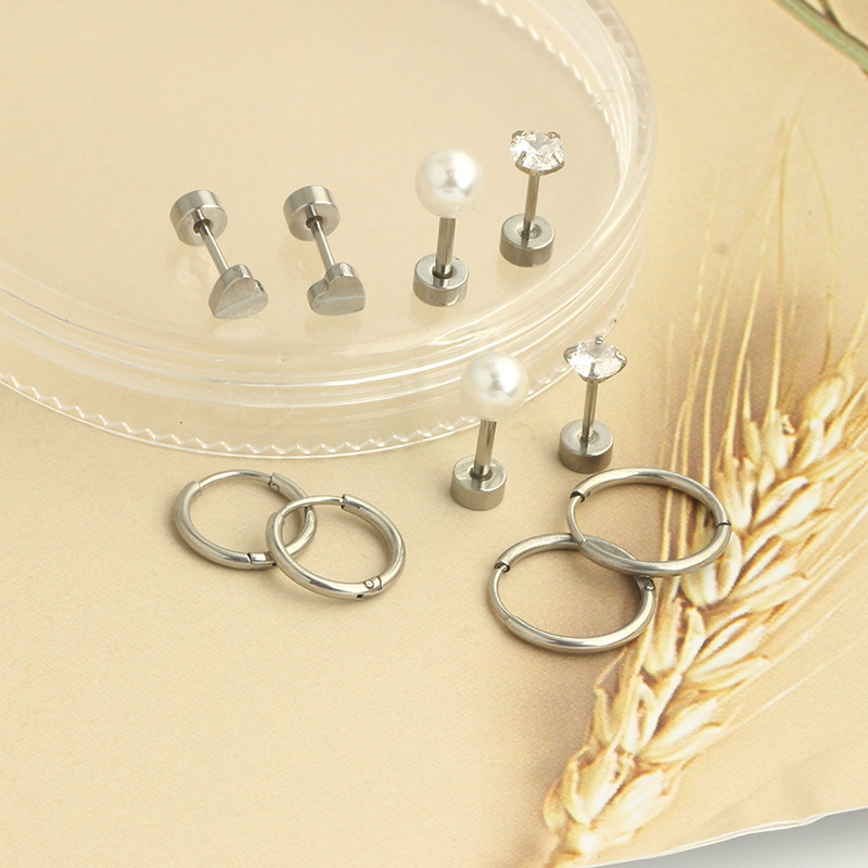 New Love Mini Ear Bone Stud Set - 10-Piece Black Stainless Steel Geometric Flower Earring Set for Women European American Cross-Border Body Piercing Jewelry - Image 4