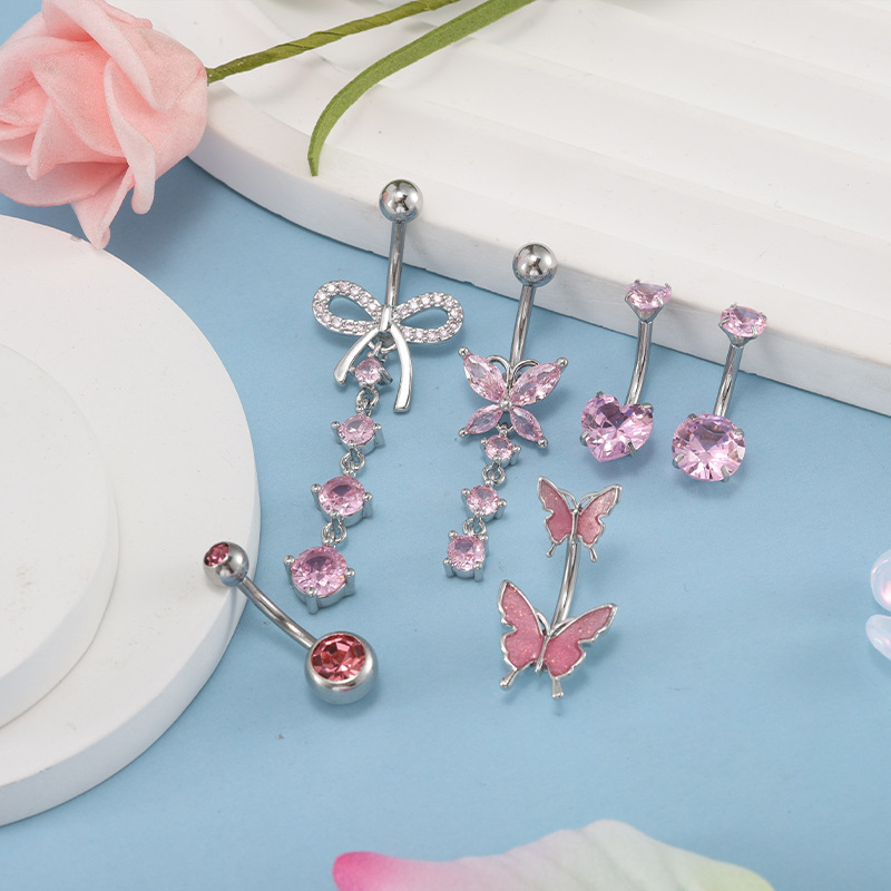 Cross-Border Hot-Selling Stainless Steel + Copper Inlaid Zircon Bow Pendant Belly Button Ring Navel Piercing Jewelry for Women - Image 3