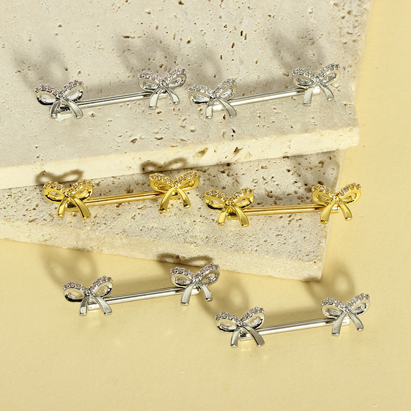 Cute Pink 16G Stainless Steel Bow Zircon Nipple Ring Exquisite Nipple Jewelry Pair - Image 3