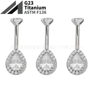 F136 Titanium Internal Thread Water Drop Full Diamond Zircon Navel Piercing Ring G23 Titanium Alloy Body Jewelry