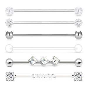 316L Surgical Steel Stainless Steel Square Industrial Earring Straight Rod Zircon Flower Long Rod Ear Bridge Nail, Cartilage Piercing Jewelry