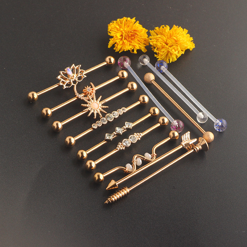 18K Gold Industrial Barbell Ear Studs 14G Double Ear Piercing Ear Bridge Flower Earrings 13Pcs - Image 5