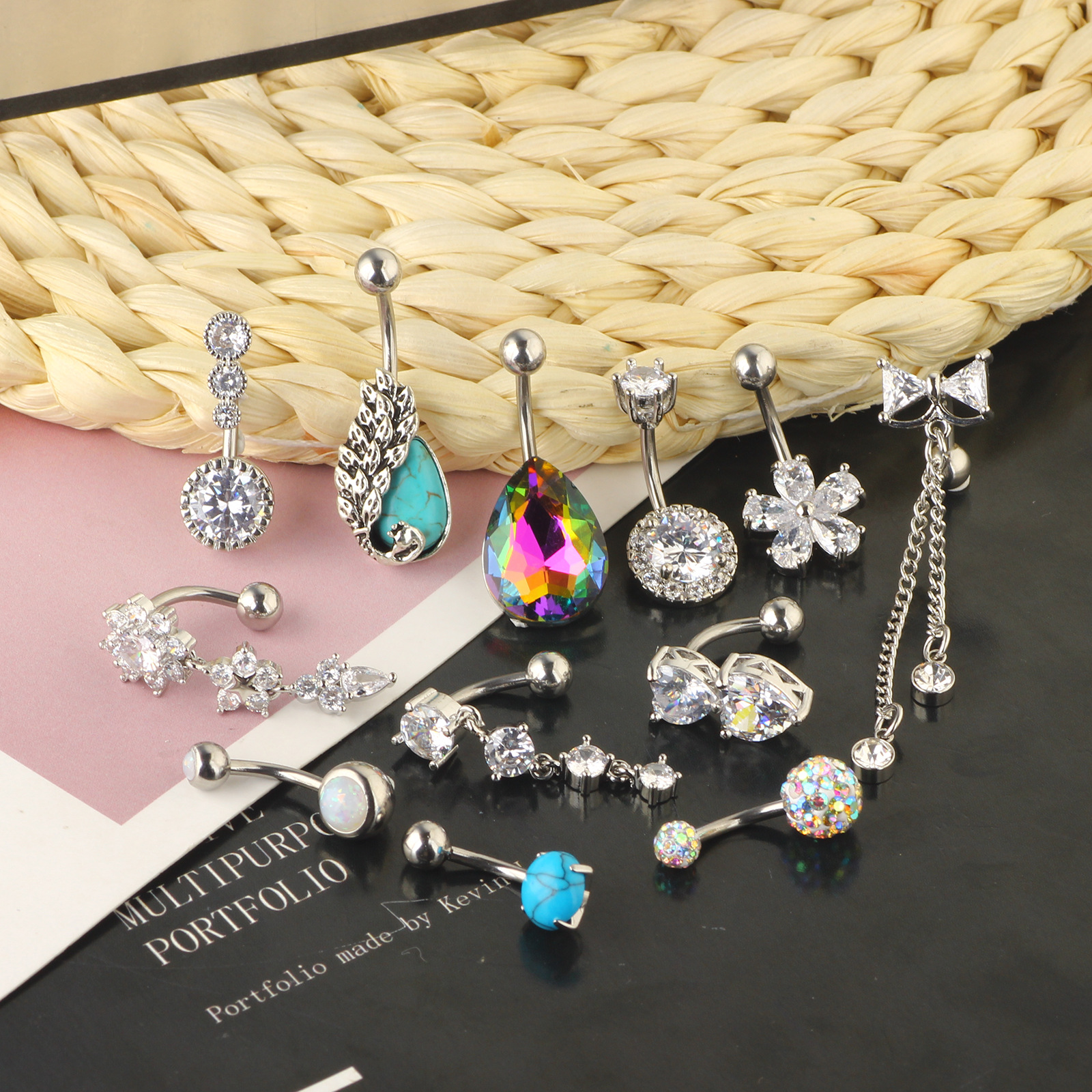 Amazon Wish Exquisite Turquoise Navel Ring 14 Pieces Set with Zircon Belly Button Piercing Jewelry, Stainless Steel - Image 3