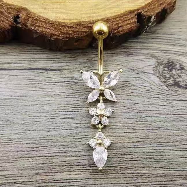 Butterfly Flower Water Drop Zircon Pendant Navel Ring Belly Button Ring Gold Copper Body Piercing Jewelry - Image 3