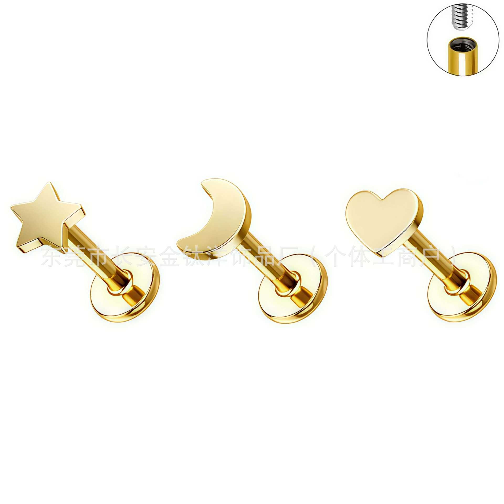 F136 Titanium 18K Gold-Plated Moon Star Heart Lightning Lip Earrings Ear Bone Stud Nail G23 Titanium Alloy Piercing Jewelry - Image 3