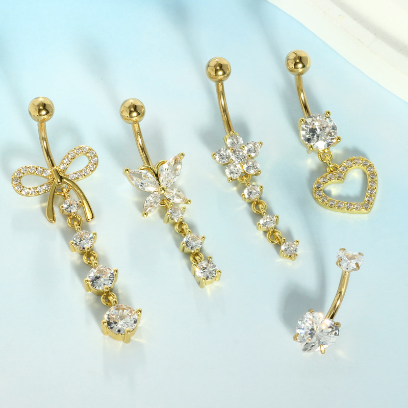 5-Piece Rose Gold Stainless Steel Belly Button Ring Set, Heart Butterfly Pendants, Zirconium Navel Ring Piercing Jewelry Wholesale - Image 2