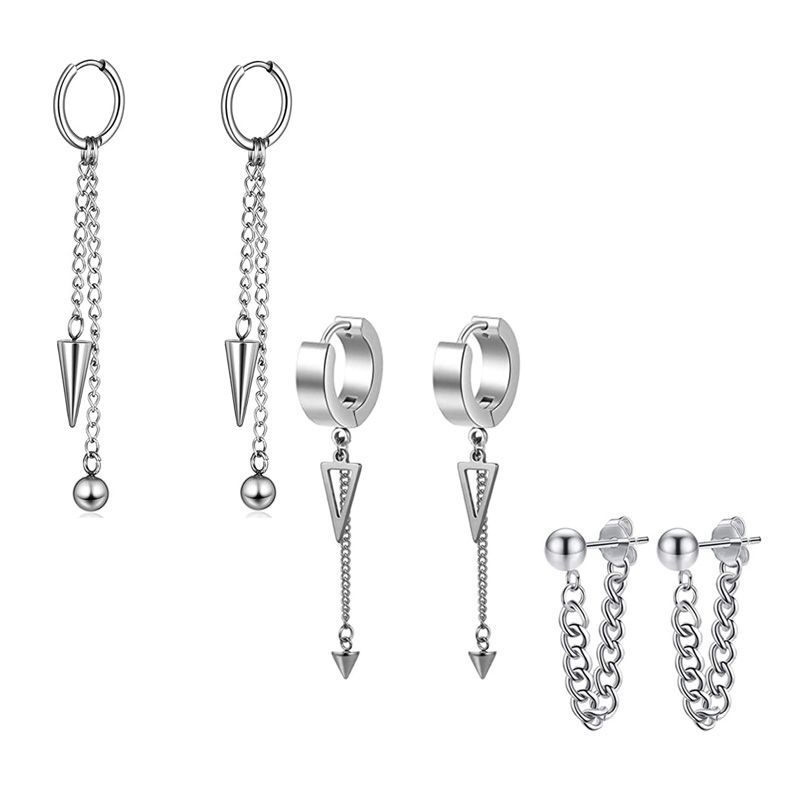 Black Men's Ear Clip Ear Stud Earrings Set 3 Pair Stainless Steel Fashion Jewelry - Image 2