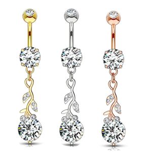 New Leaves Zircon Navel Ring Belly Button Piercing Jewelry 3 Colors Rose Gold Stainless Steel
