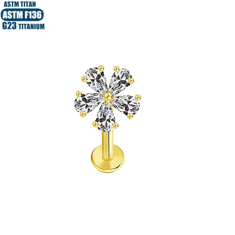 F136 Titanium Alloy Five-Leaf Clover Zircon Lip Ring Internally Threaded Tragus Earring Lip Stud - Image 3
