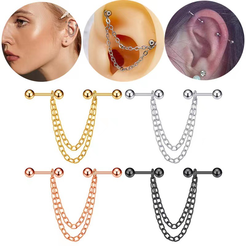 Titanium Chain Earrings External Thread Ear Bone Nail Men Women Double Ear Bone Clip Ear Ring Hole Titanium Alloy Body Piercing Jewelry - Image 2